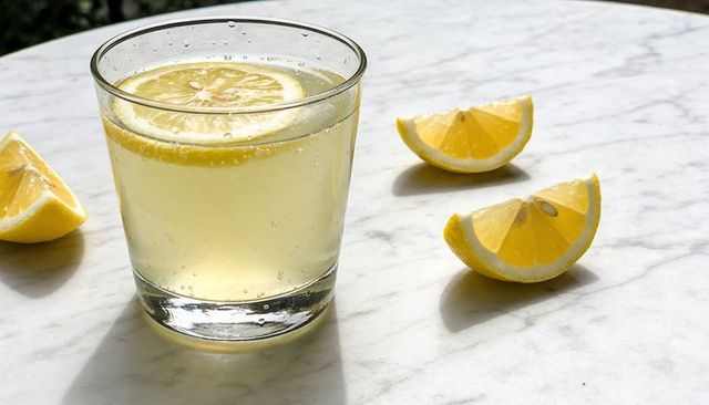 Sparkling lemon drink on marble table with lemon slice and wedges in sunlit closeup