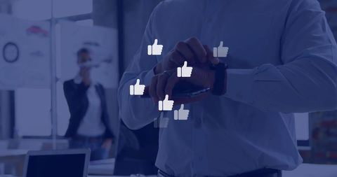 Caucasian Businessman Engaging with Smartphone and Social Media Icons