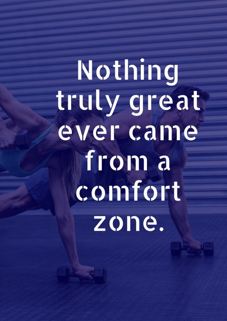 Poster features a motivational quote styled over an image of two fitness enthusiasts working out with dumbbells. Ideal for use in gym environments, fitness centers, or personal training spaces to inspire clients to push beyond their comfort zones. Perfect for social media promotions about fitness, gym merchandise, or motivational content.