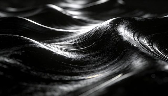 Glossy Black Metallic Wave Texture with Specular Sheen and Fluid Undulating Ridges