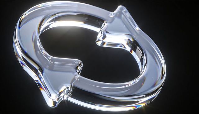 Clear glass torus sculpture reflecting light with arrow projections and prism dispersion