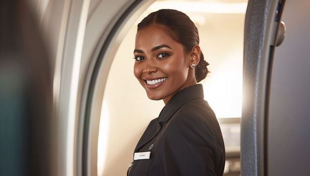 Smiling flight attendant standing in aircraft doorway wearing dark uniform and badge