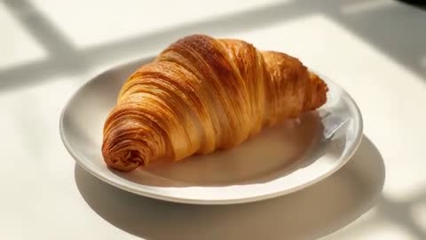 Sunlit Croissant Resting on White Plate by Window, Casting Grid Shadow, Morning Breakfast