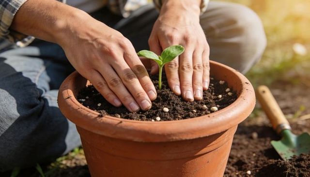 Hands planting seedling in terracotta pot for urban gardening, potting and plant care tips