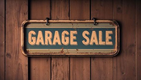 Rustic garage sale sign with weathered vintage look