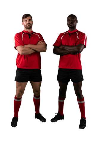 Transparent Diverse Male Rugby Players in Red Jerseys Posing Confidently