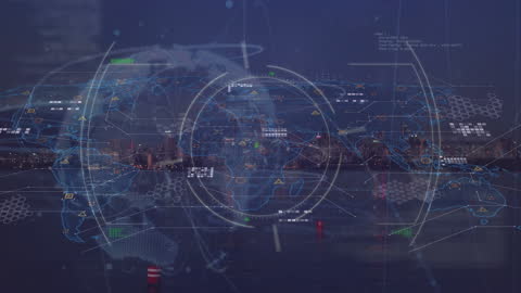 Digital Interface with Global Map Over Cityscape at Night