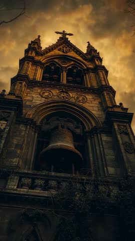 Vertical Video Tilting Up Gothic Bell Tower with Climbing Vines under Dramatic Golden Sky