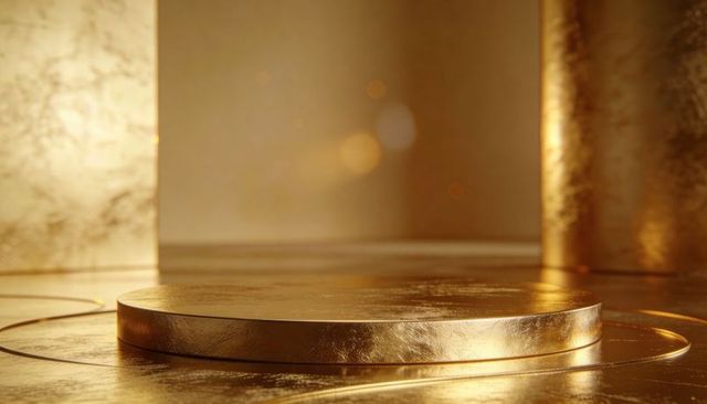 Luxurious low gold podium shining on reflective gilded platform with circular rings