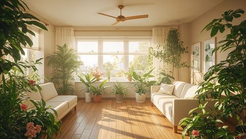 Sunlight bathing urban living room with lush indoor plants and cream sofas