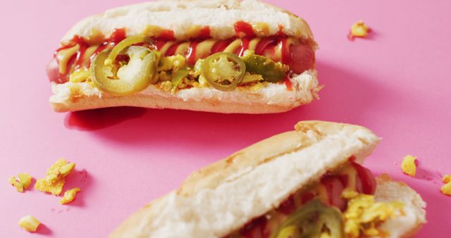 This vibrant and colorful scene features gourmet hot dogs with jalapenos, mustard, and ketchup on a pink background. Ideal for use in food blogs, restaurant menus, promotional materials for food festivals, and advertisements for fast food joints. Suitable for illustrating casual dining and snack themes.