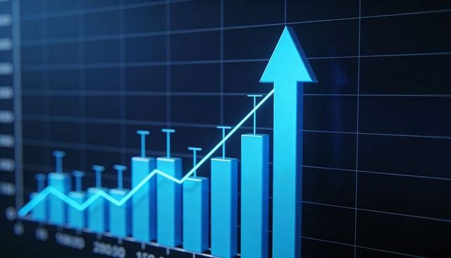 3d blue bar chart rising with cyan trend line and upward arrow on digital dashboard