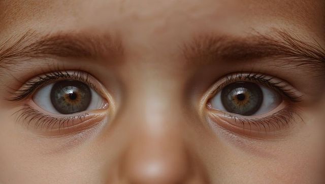 Closeup of child eyes with hazel irises and long eyelashes showing intense curious gaze