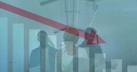 Business team analyzing declining financial metrics with red downward arrow overlay