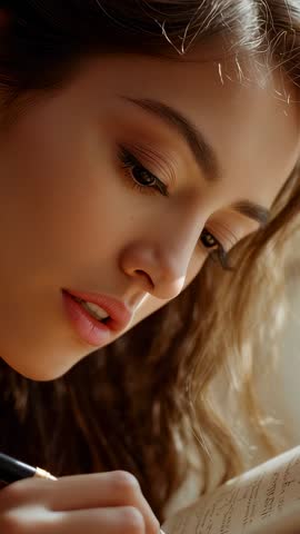 Vertical video woman writing in lined notebook by window capturing creativity and focus