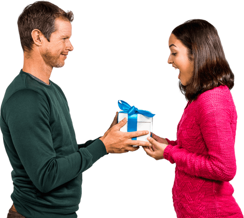 Man Giving Gift to Excited Woman on Transparent Background