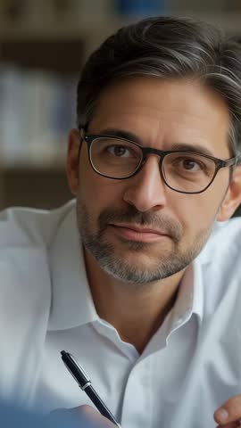 Vertical video of professional man greeting, listening, pausing and thinking at desk