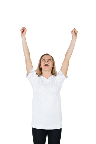 Excited Woman Cheering in White Shirt Transparent Background