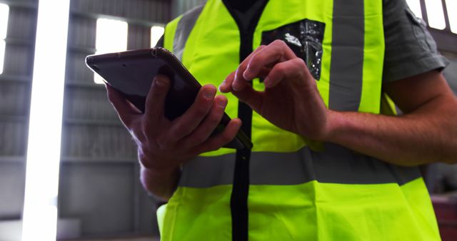 Worker Using Tablet for Modern Safety and Efficiency in Industrial Setting - Download Free Stock Images Pikwizard.com