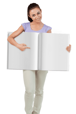 smiling woman presenting large blank book with transparent background - Download Free Stock Videos Pikwizard.com