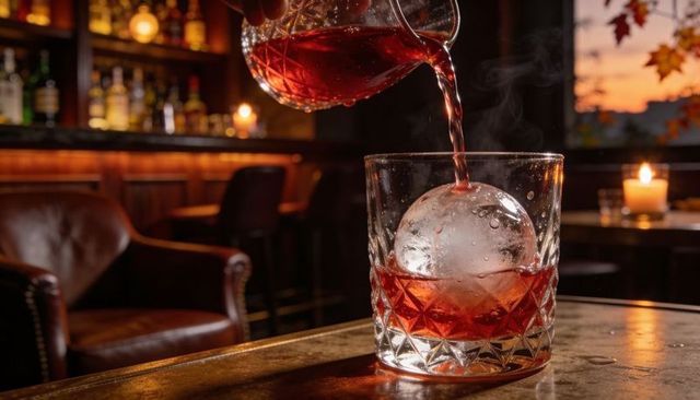 Pouring red cocktail into crystal tumbler with spherical ice in candlelit bar