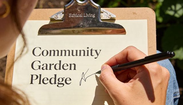 Volunteer signing community garden pledge on clipboard in sunlit outdoor garden program
