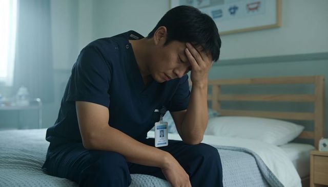 Exhausted asian nurse sitting on bed holding head after long shift medical burnout
