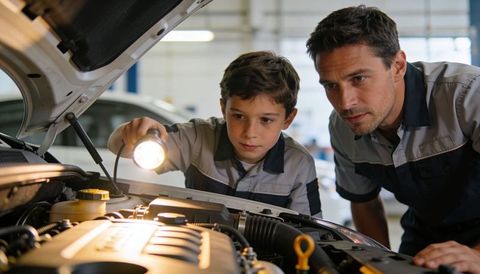 Mechanic mentoring young boy checking car engine with flashlight in auto workshop