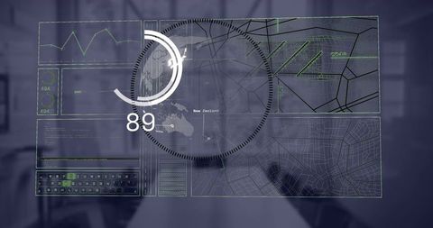 Holographic data dashboard with new zealand map and ring 89 in futuristic neon glass workspace