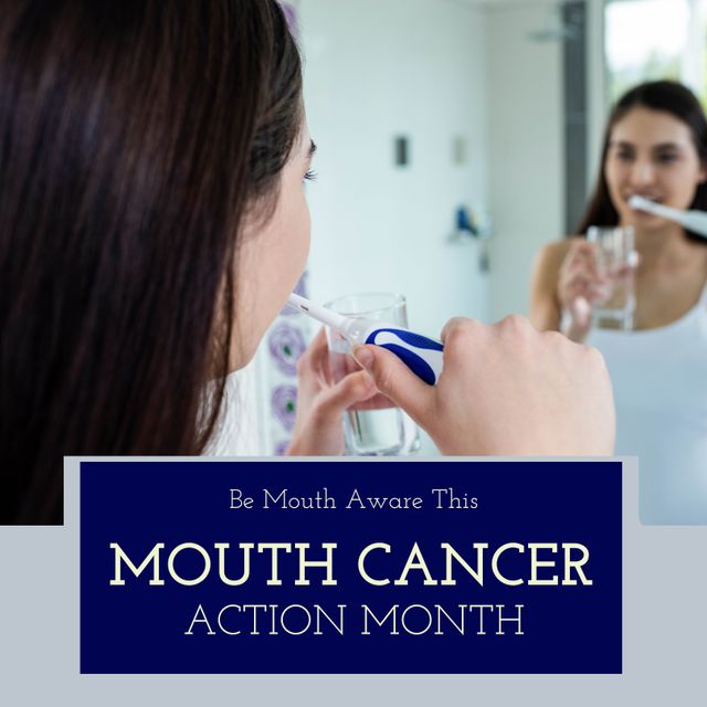 Young Asian woman brushing her teeth in front of a bathroom mirror, promoting mouth cancer awareness. Ideal for campaigns on oral hygiene and mouth cancer action month. Usage includes health blogs, dental health campaigns, preventive healthcare materials, and awareness posters.