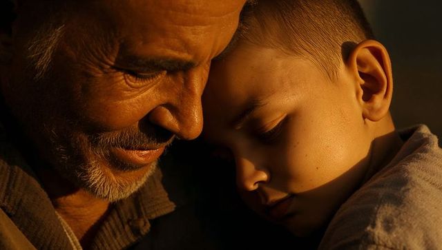Grandfather and grandson holding close in warm golden light, intimate emotional portrait