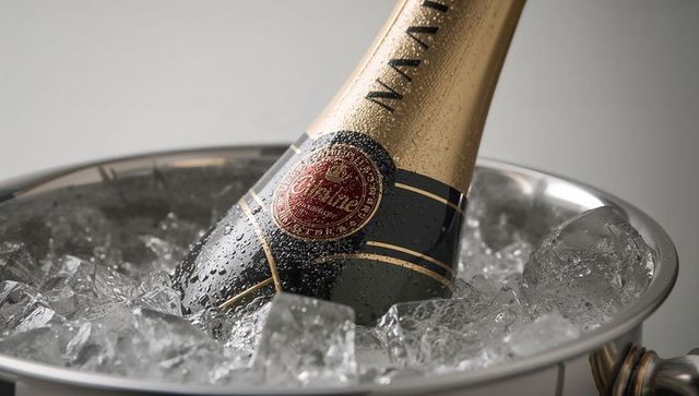 Nestling champagne bottle in ice bucket with gold foil, red seal and water droplets