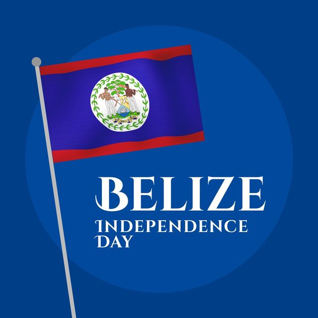Belize Independence Day text banner featuring the country's flag waving on a blue background. Ideal for promotions and marketing related to national celebrations, social media posts, and educational content focusing on Belize's history. Perfect for creating awareness and engaging with audiences during September 21 celebrations.