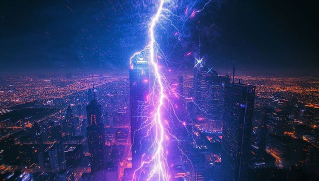 Dramatic Lightning Strike Illuminates Neon City at Night
