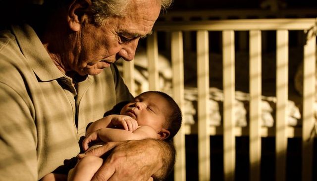 Grandfather cradling sleeping newborn in sunlit nursery showing warmth and tenderness