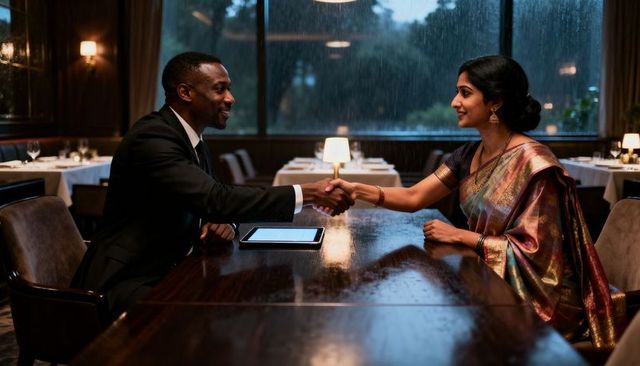 Elegant business handshake over candlelit dinner between professionals in suit and silk saree