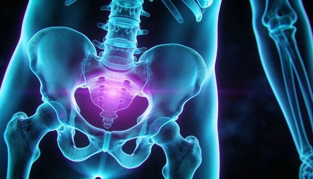 Luminous pelvic skeleton highlighting sacrum in cyan and purple medical anatomy 3D rendering