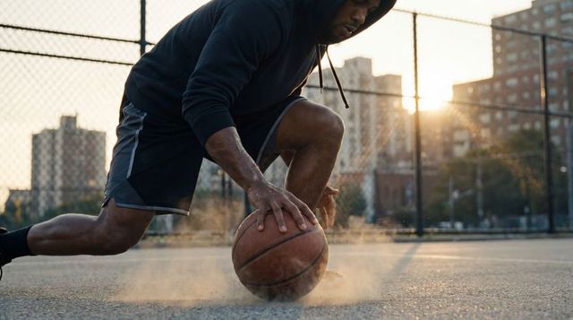 Dribbling male athlete with hood up on urban basketball court kicking up dust at sunset