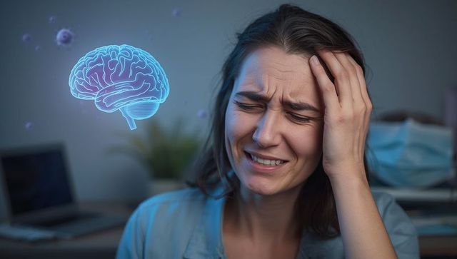 Stressed Woman in Office with Holographic Brain Illustration