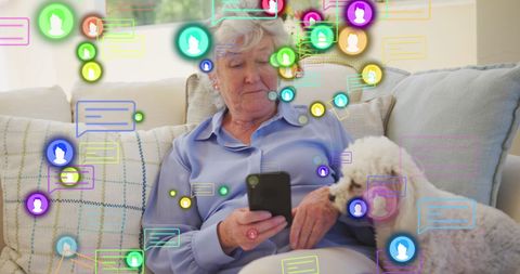 Elderly Woman Engaging with Social Media Apps Beside Dog