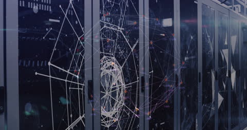 Digital Network Connections Overlaying Server Racks