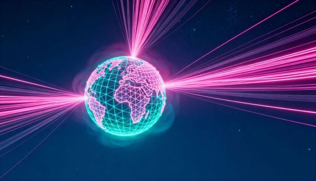 Neon wireframe globe emitting magenta data beams across futuristic cyberspace
