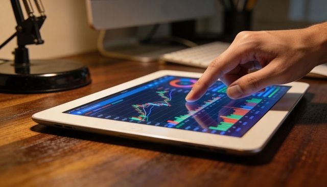 Right Hand Touching Tablet Displaying Financial Charts, Trading Data and Analytics on Wood Desk
