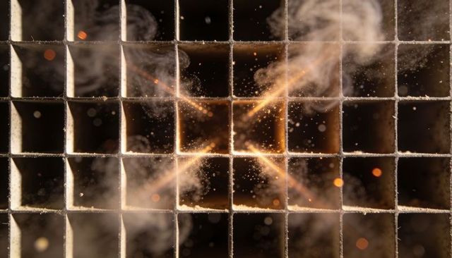 Central honeycomb cell releasing cross-shaped warm glow with smoke, dust and sparks