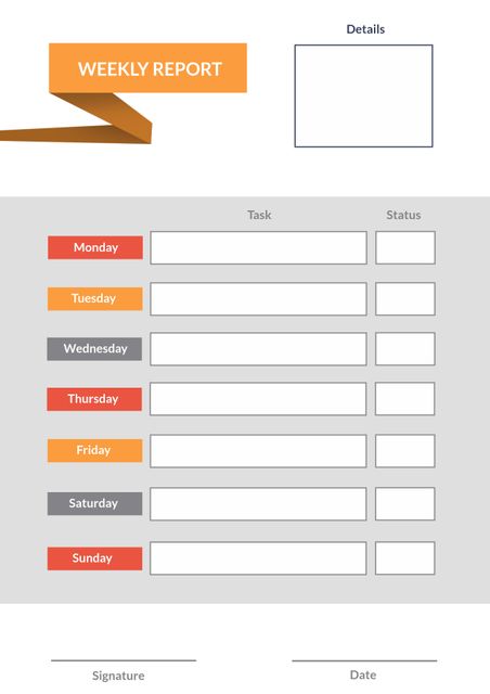 This template provides a clear and structured format for organizing weekly tasks. Each day of the week is color-coded for easy identification, ensuring that tasks are systematically managed. Details about each task can be written alongside their respective statuses, promoting efficient tracking and productivity. Ideal for office settings, project management, business reports, and personal scheduling.