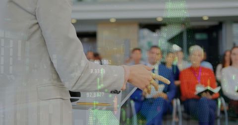 Business professional giving presentation on analytics