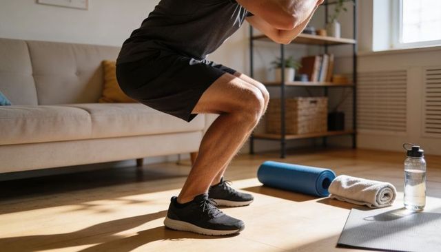 Man squatting during home workout with foam roller and water bottle in sunlit living room