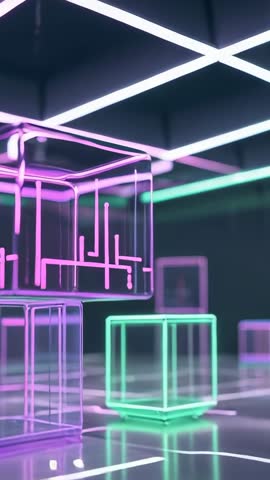 Dollying Past Neon Cube with Circuit Patterns in Futuristic Vertical Video Loop