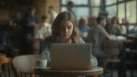 Woman Engaging with Laptop in Busy Café Atmosphere