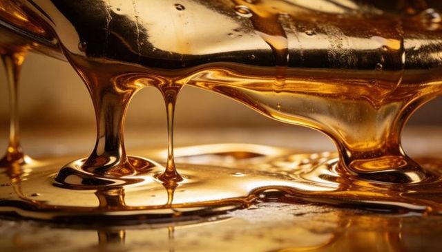 Dripping amber syrup forming glossy golden strands on ladle closeup macro texture